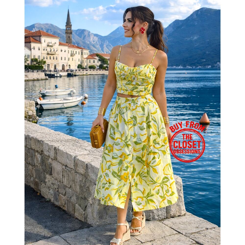 Zara Floral Co Ord Set Corset Top Midi Skirt Linen Blend Vacation Outfit NWT - Picture 4 of 16